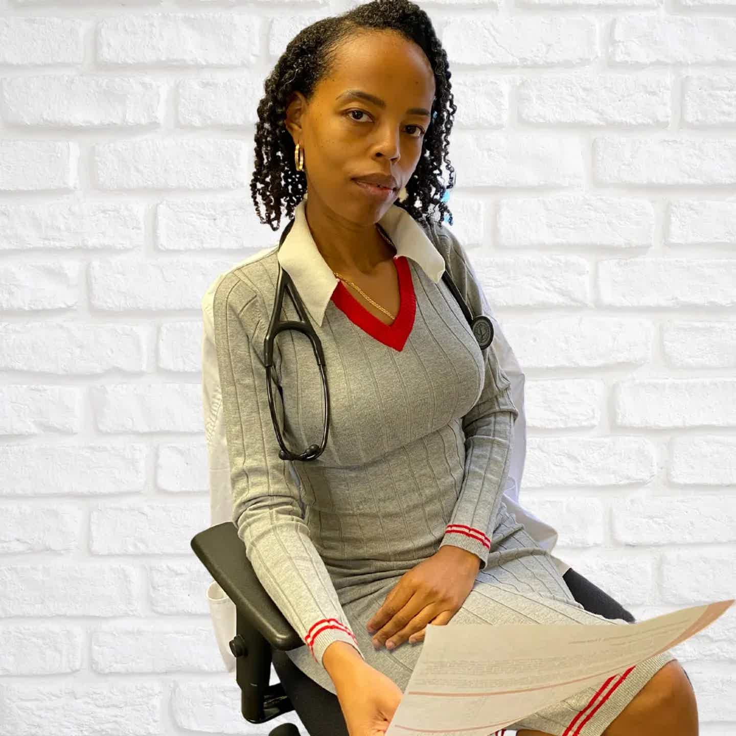 Medical professional seated, wearing gray knit dress with red trim, stethoscope, and white coat; holds papers against white b