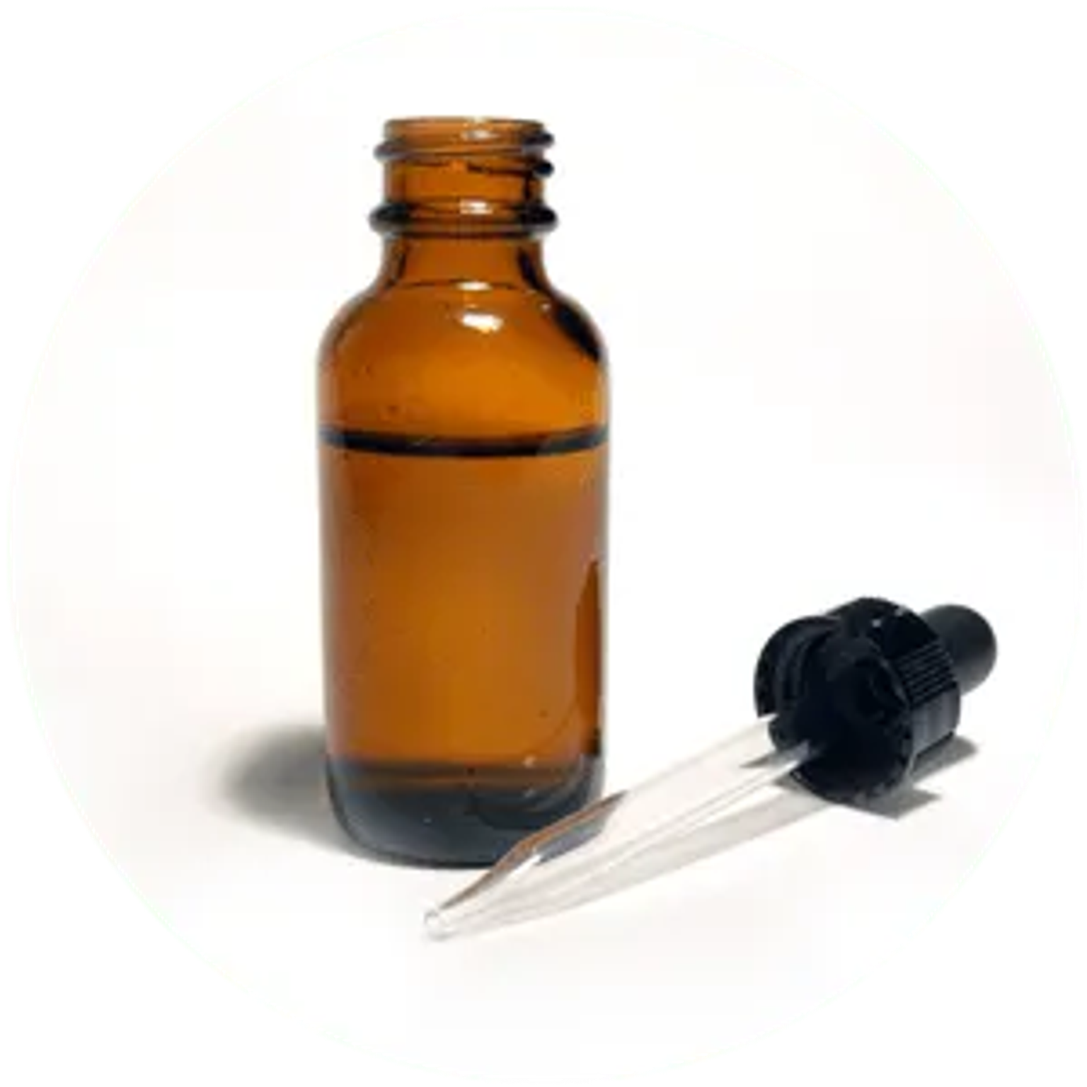 Amber glass bottle with dropper and black rubber bulb on a white background