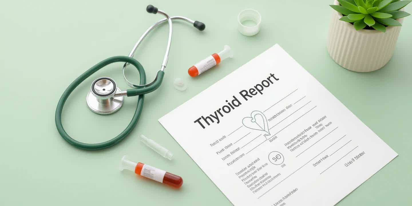 Flat lay of a stethoscope and lab report representing thyroid testing