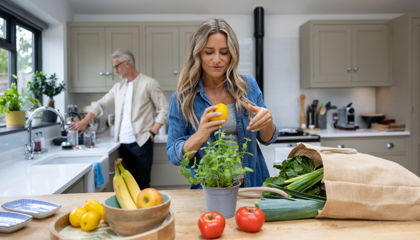 Woman in a bright kitchen pouring juice while holding a bunch of greens and preparing vegetables on the counter.