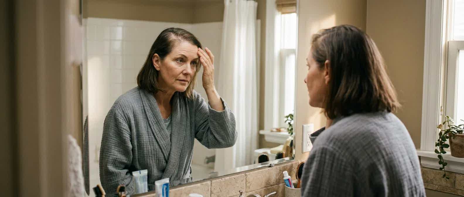 Woman in her 40s examining a widening part in her hair in the mirror, a common early sign of hair thinning during perimenopause