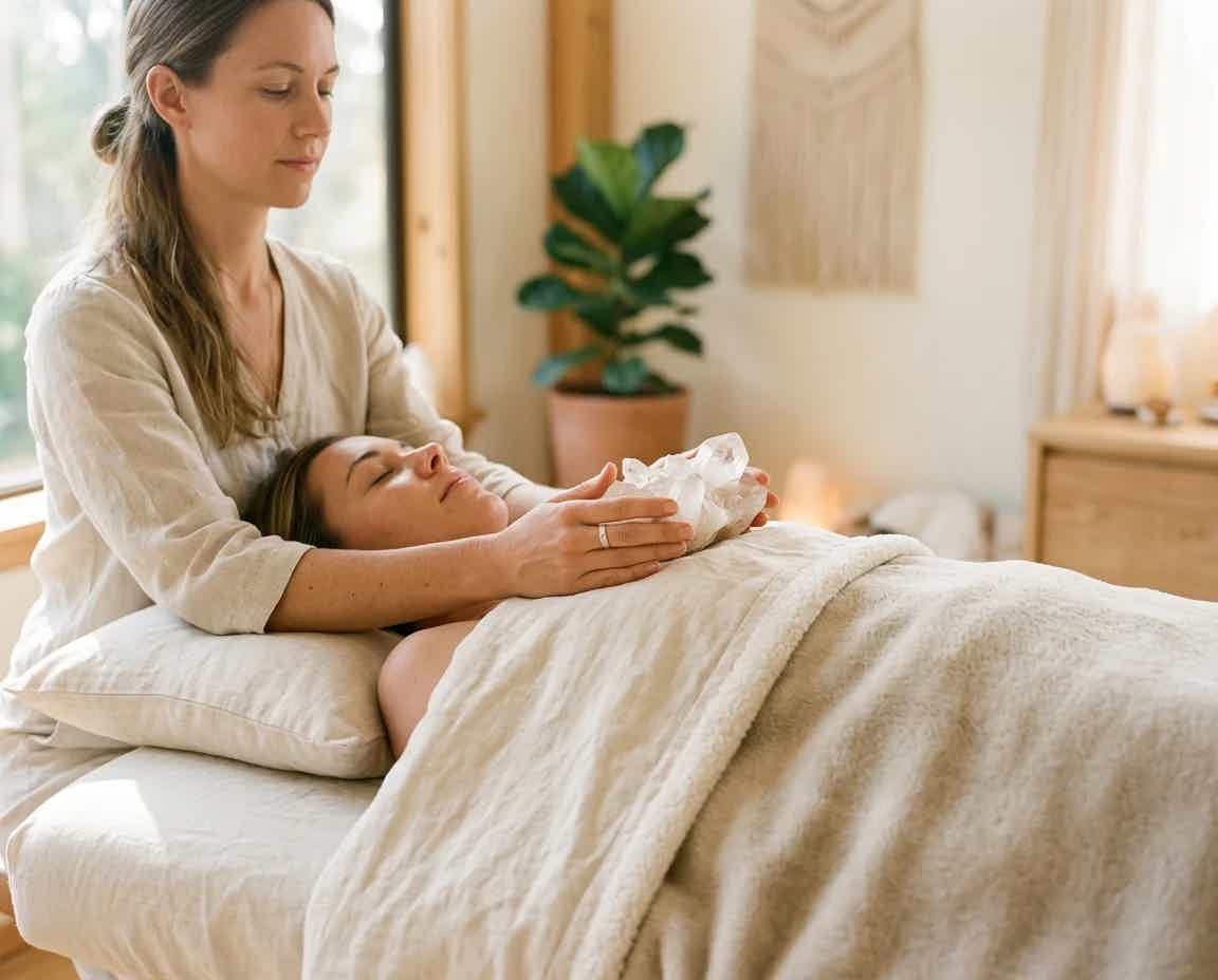 Spa massage therapist gently holding a client’s face as the client lies relaxed under a white towel in a bright room.