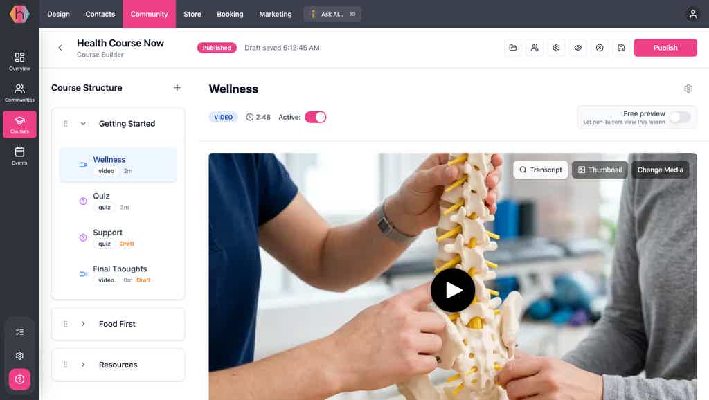 Hiveality course builder showing modules and lessons with draft and preview controls.