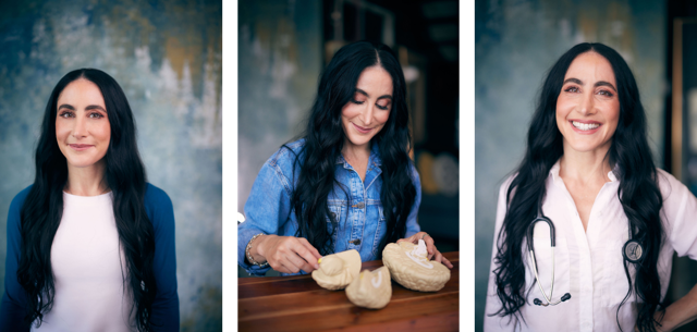 Three-panel collage: a woman with long dark hair in blue cardigan, a woman in denim cutting bread, and a doctor in white coat