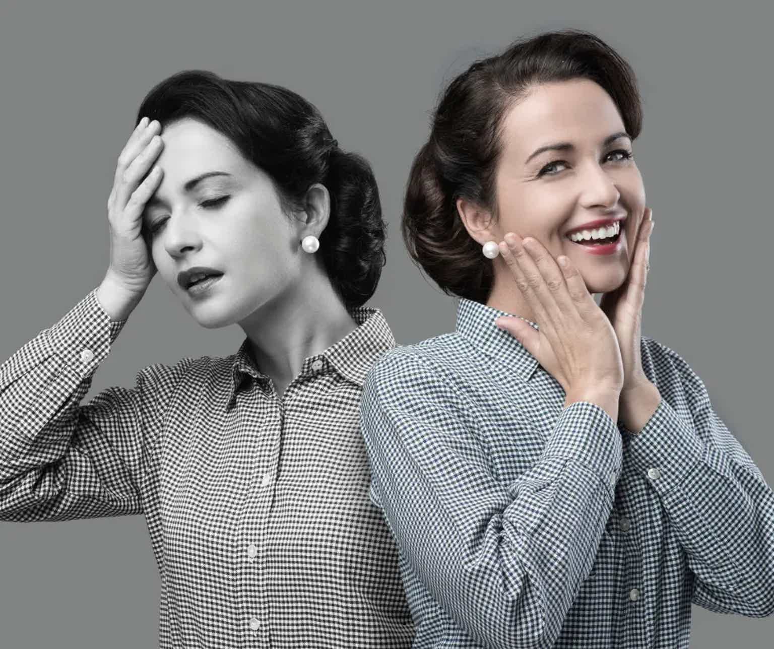 Two women in vintage outfits, one distressed with hand to forehead, the other smiling with hands to cheeks.