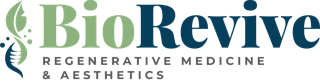 Logo for BioRevive: regenerative medicine & aesthetics, with green and blue typography and DNA strand graphic.