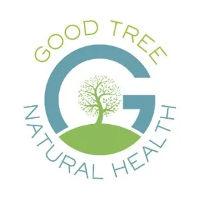 Good Treet Natural Health logo with tree in green field and circular blue “G” swirl, on white background.