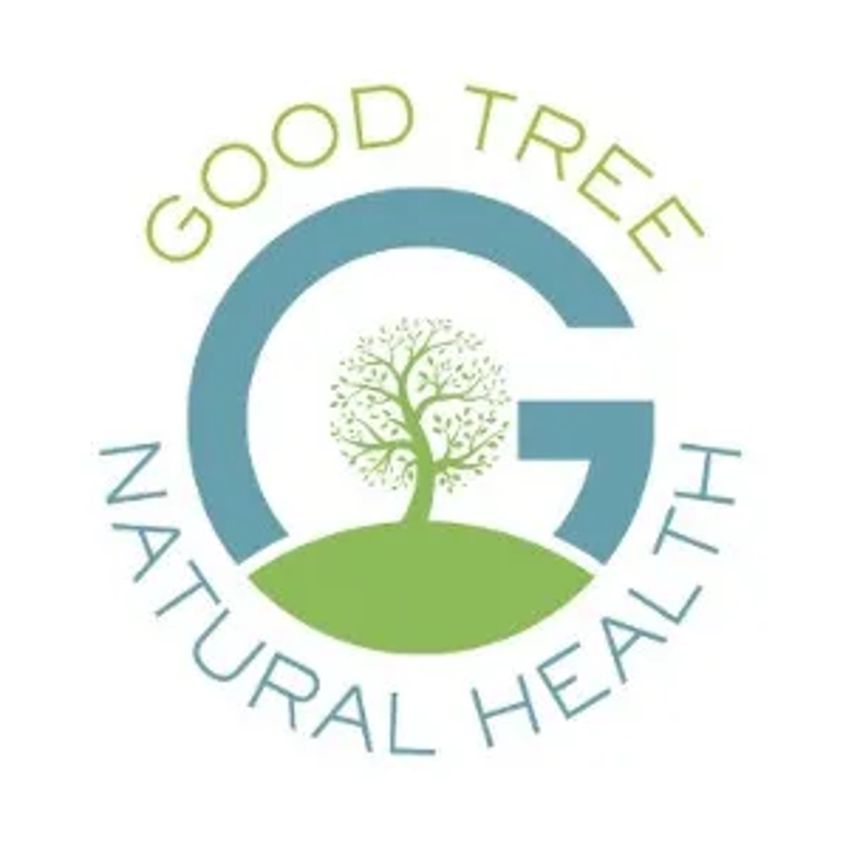 Good Treet Natural Health logo with tree in green field and circular blue “G” swirl, on white background.