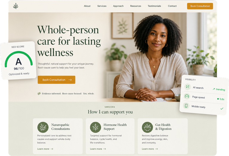 Business website hero showing a smiling healthcare professional with “Whole-person care for lasting wellness” headline and se