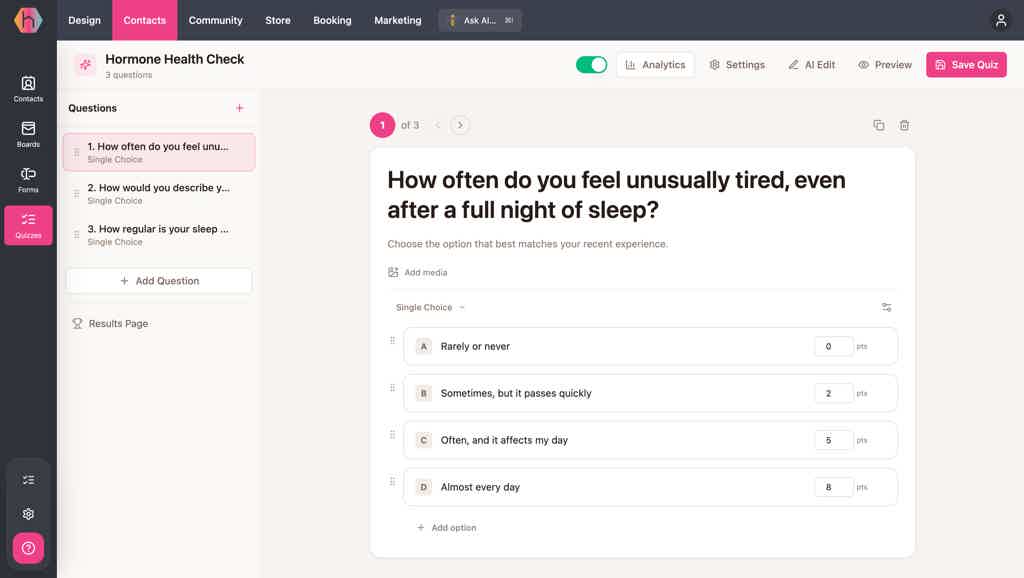 Hiveality quiz builder showing a wellness assessment being designed, with question logic and best-fit outcomes visible in the side panel.