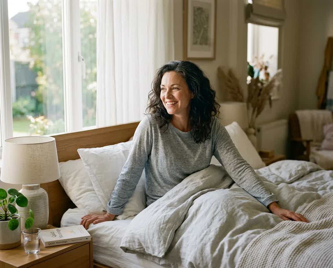 Woman in her 40s waking up refreshed and smiling in bed with soft morning light