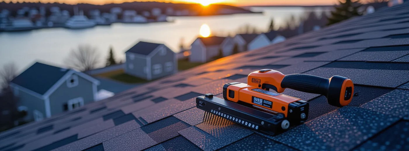 Documentary-style photograph of the Atlantic Canadian trades: asphalt shingles and a nail gun resting on a sloped roof deck at golden hour, harbour rooftops blurred beyond,...