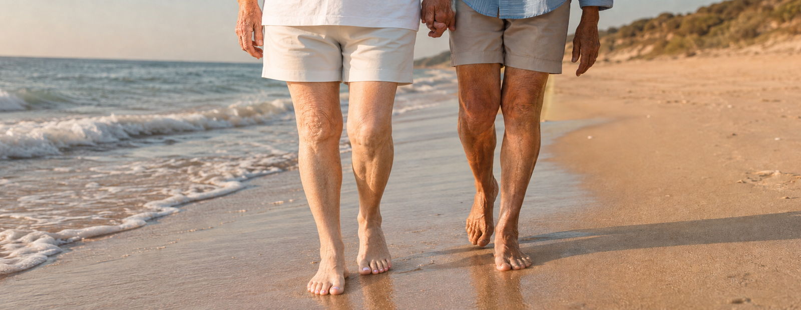 Barefoot couple walking side by side on a sandy beach, feet leaving footprints at sunset.