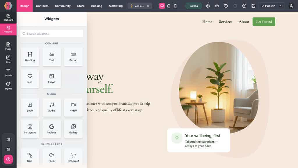 Hiveality website builder showing a wellness clinic homepage on the drag-and-drop canvas with the widget panel open.