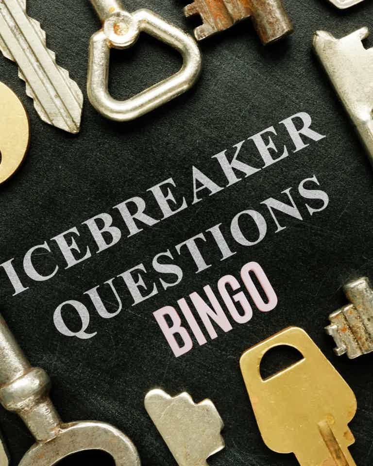 Keys and metal hardware surrounding a chalkboard titled “Breaker Questions Bingo.”