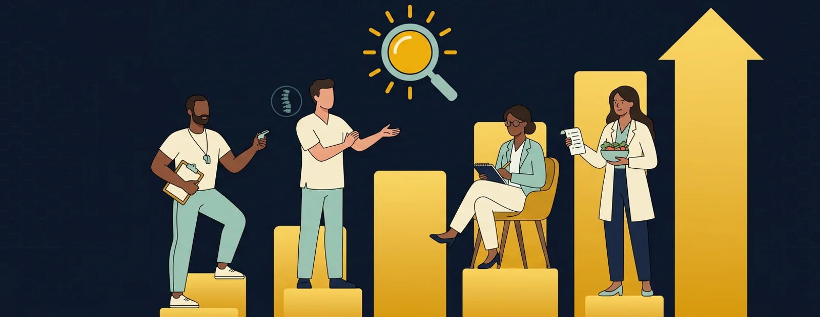 Four wellness professionals climbing rising search-ranking steps under a magnifying glass sun