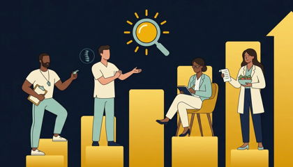 Four wellness professionals climbing rising search-ranking steps under a magnifying glass sun