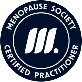Menopause Society Certified Practitioner badge on navy circle with white logo and border text.