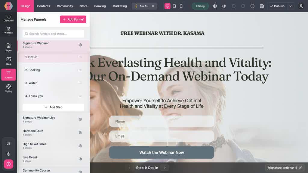 Hiveality funnel editor showing a wellness webinar landing page being designed, with the Signature Webinar 4-step plan visible in the side panel.