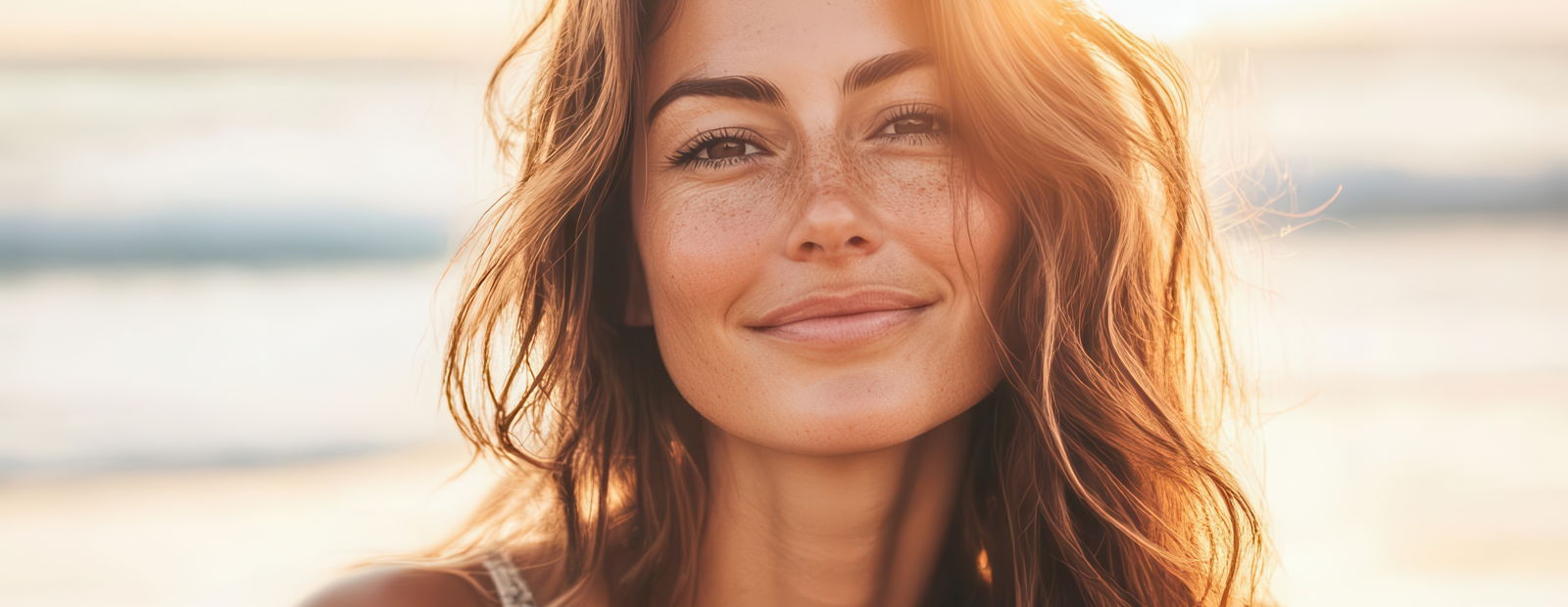 Sunlit close-up of smiling woman with sun-kissed freckles and windblown auburn hair on a beach.