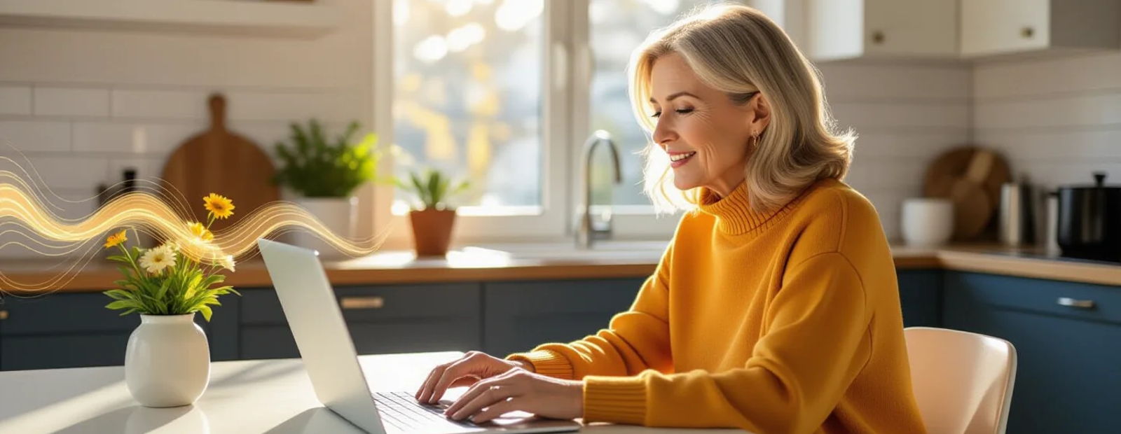 A patient speaking naturally to a practice website through voice AI on her laptop
