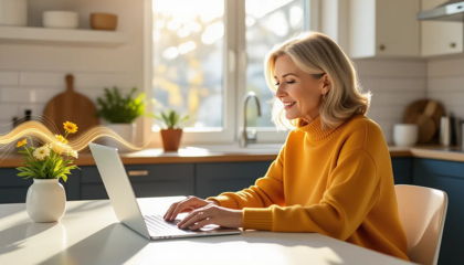 A patient speaking naturally to a practice website through voice AI on her laptop