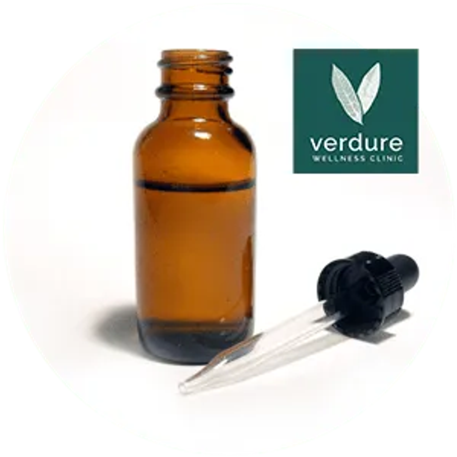 Amber essential oil bottle with dropper, “verdure wellness clinic” logo on teal background.