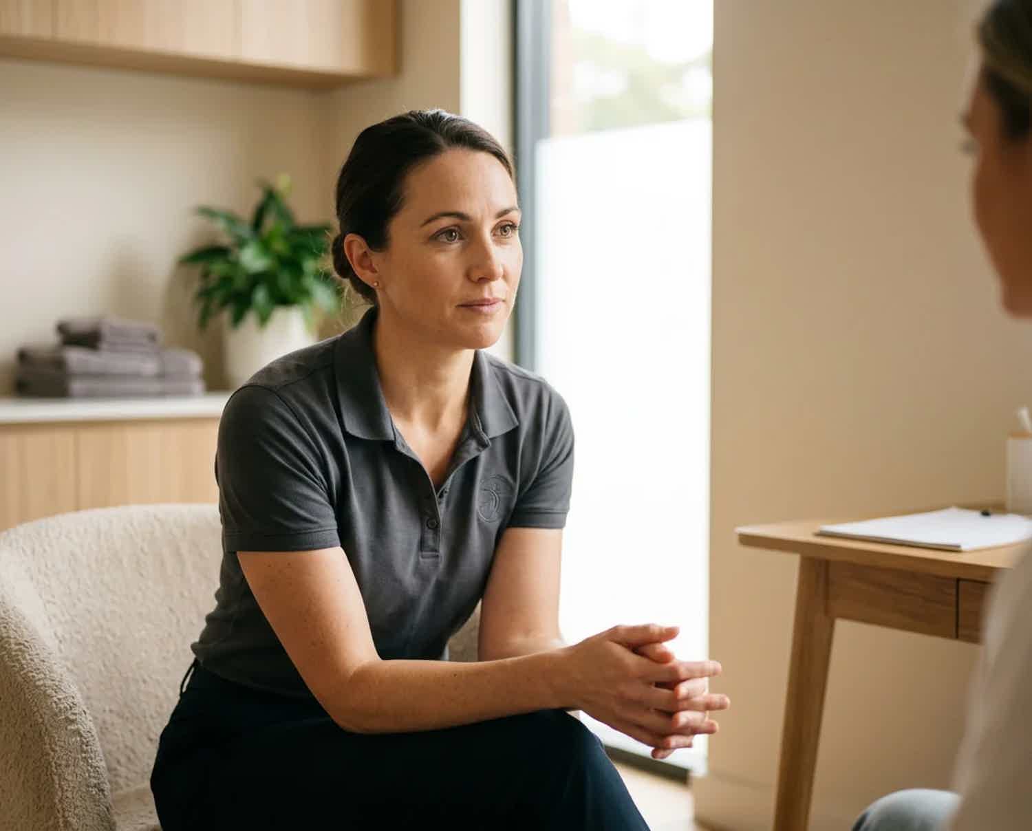 Physiotherapist in a calm, professional consultation