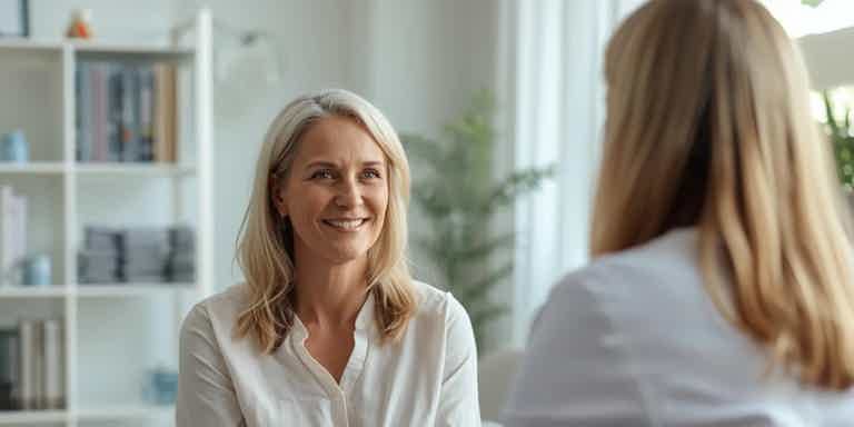 Two women in a bright office talk and smile, seated facing each other. One with blonde hair in white blouse.