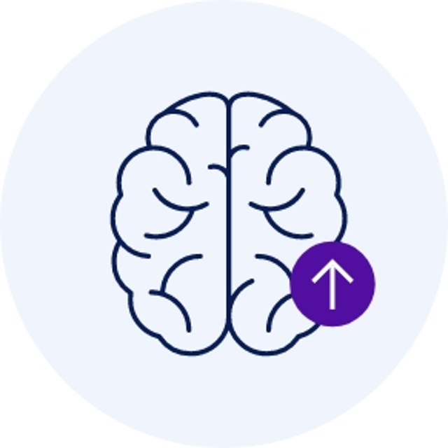 Brain with an upward arrow badge in a purple circle overlay.