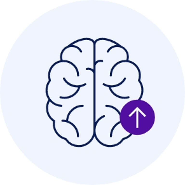 Brain with an upward arrow badge in a purple circle overlay.