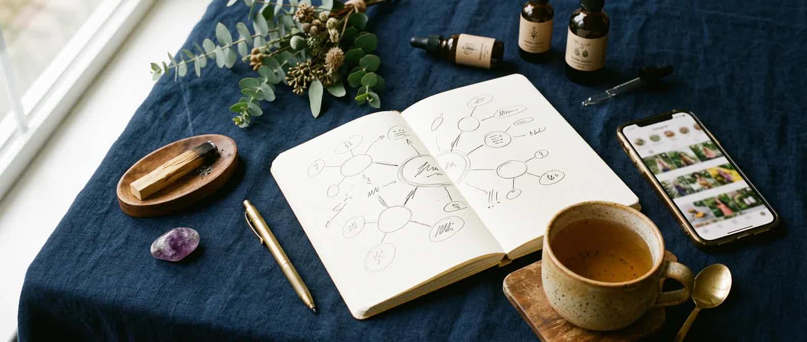 Naturopathic practice marketing planning scene with a strategy notebook, herbal bottles, and tea on navy linen