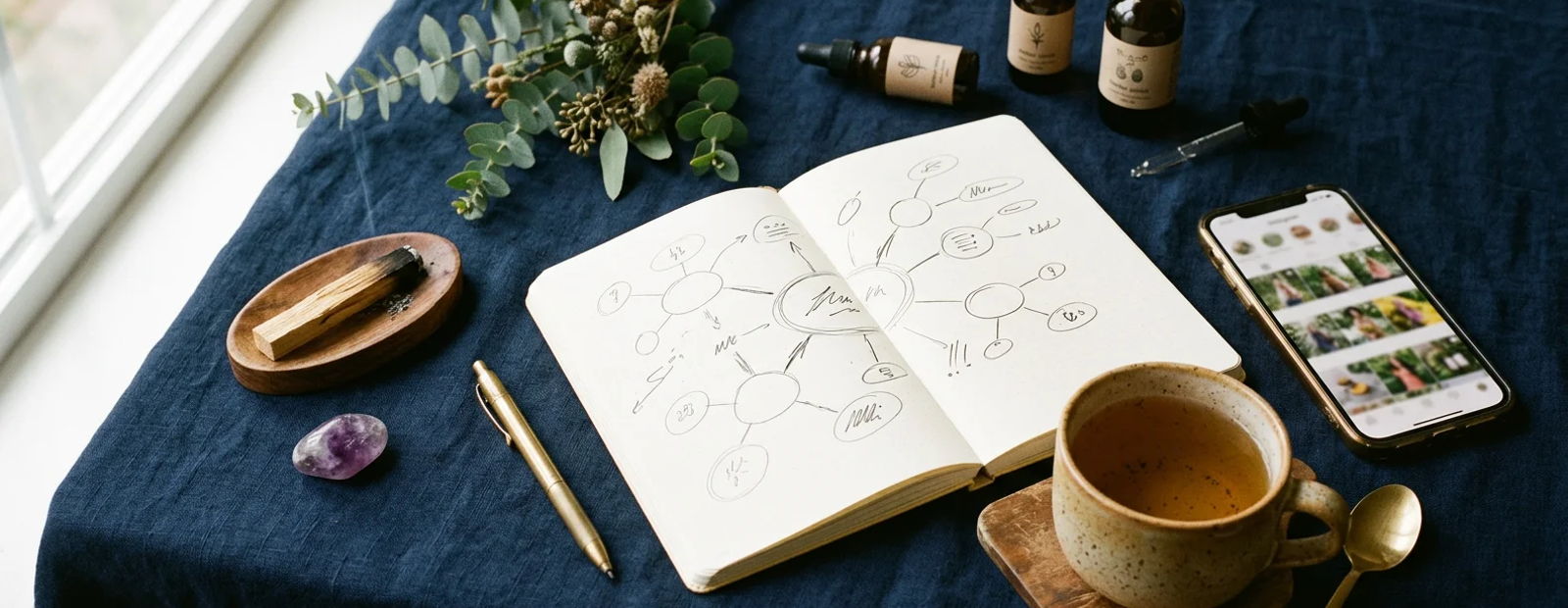 Naturopathic practice marketing planning scene with a strategy notebook, herbal bottles, and tea on navy linen