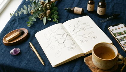 Naturopathic practice marketing planning scene with a strategy notebook, herbal bottles, and tea on navy linen