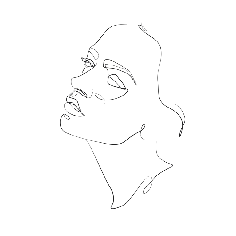 Abstract single-line drawing of a woman's face in profile with flowing neck and hair.