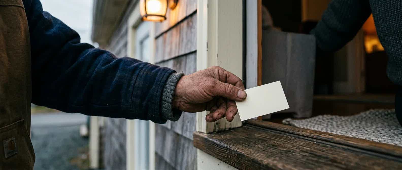 A tradesperson's hand passing a blank business card across a doorway threshold under a warm porch light.