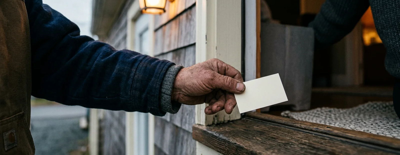 A tradesperson's hand passing a blank business card across a doorway threshold under a warm porch light.