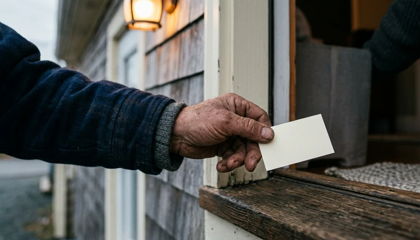 A tradesperson's hand passing a blank business card across a doorway threshold under a warm porch light.
