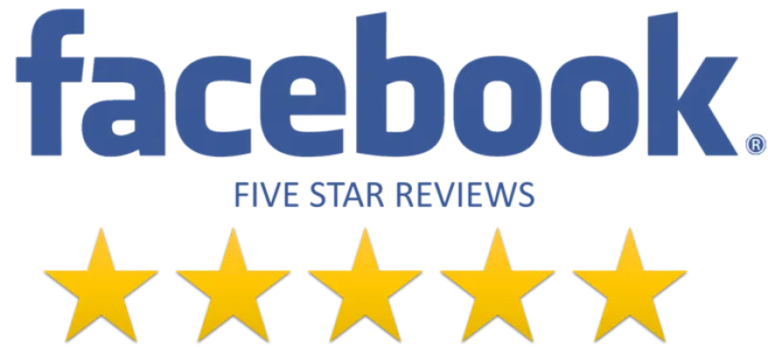 Facebook-style “Facebook” logo with “Five Star Reviews” text and five gold star ratings beneath.
