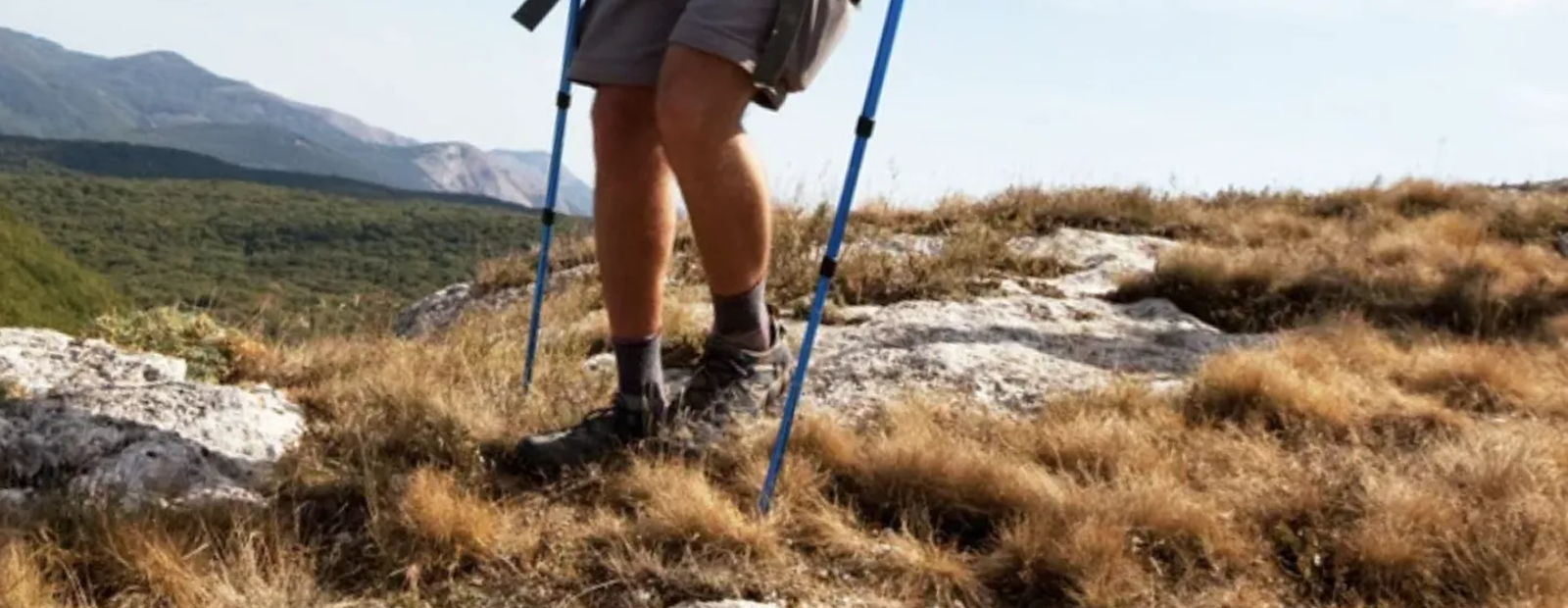 Hiker with backpack climbs a steep rock face beside a small waterfall in a green canyon.