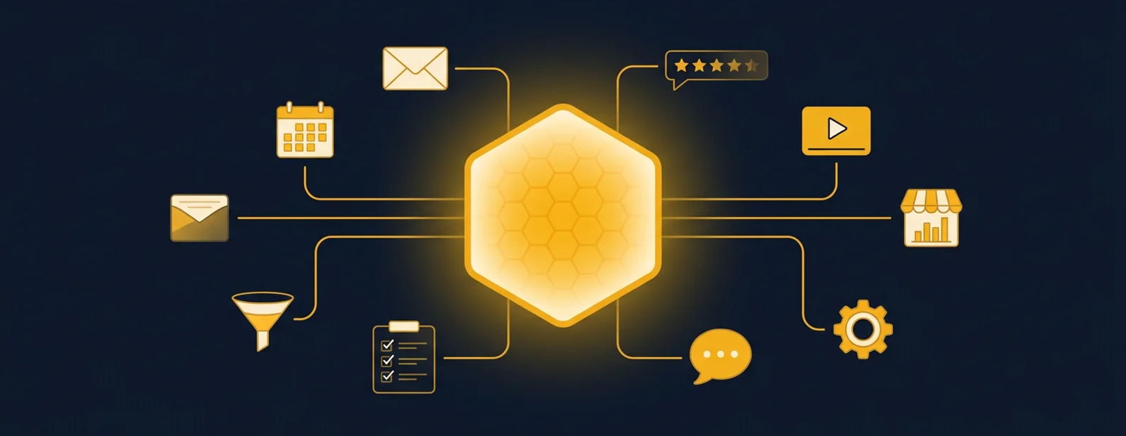 Hexagonal hive hub absorbing ten separate marketing tool icons into one platform
