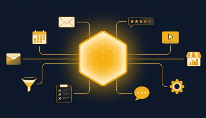 Hexagonal hive hub absorbing ten separate marketing tool icons into one platform