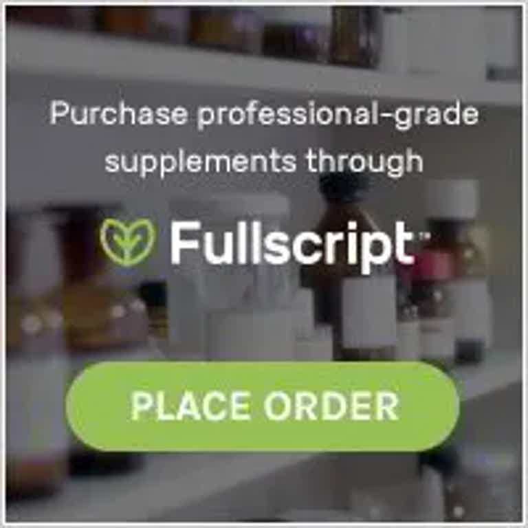 “FullScript” website ad: “Purchase professional-grade supplements” with a green “PLACE ORDER” button.