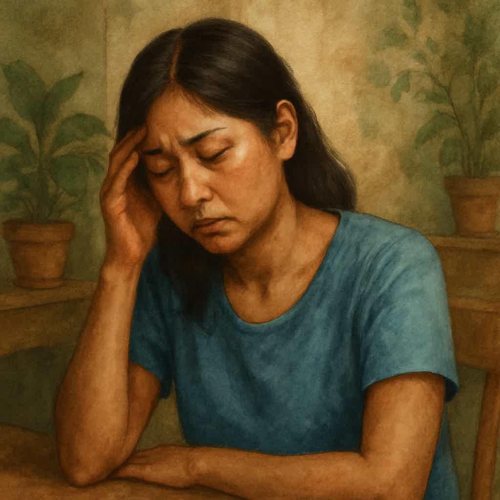 Woman in a blue shirt sits with head bowed, one hand on her temple, looking distressed; painterly indoor background.