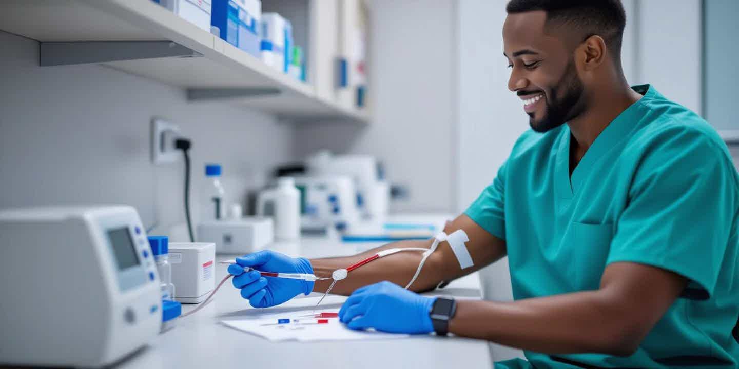 Man having blood drawn for lab testing at a medical clinic