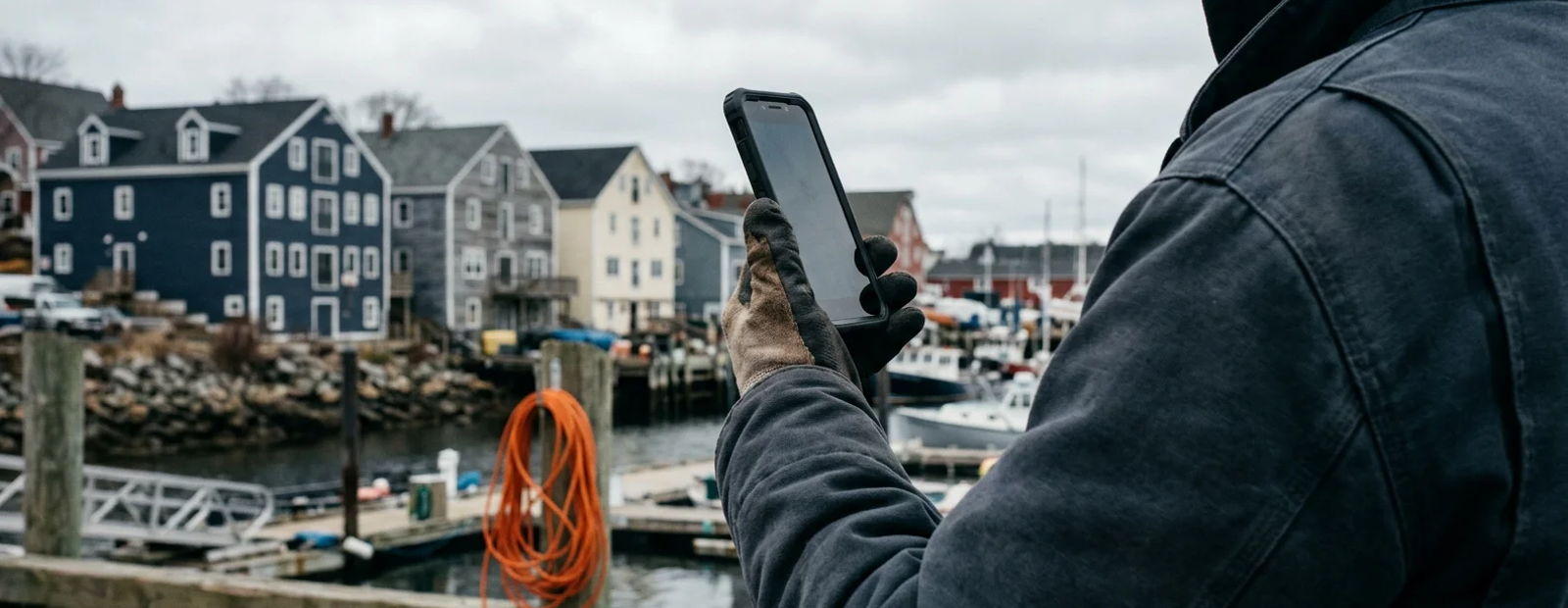 A gloved hand holding up a phone in front of a row of Halifax harbourfront clapboard buildings on an overcast day