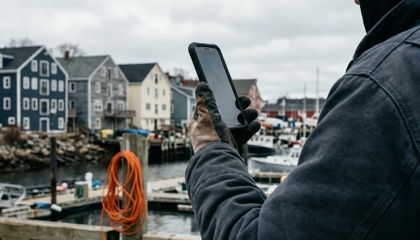 A gloved hand holding up a phone in front of a row of Halifax harbourfront clapboard buildings on an overcast day