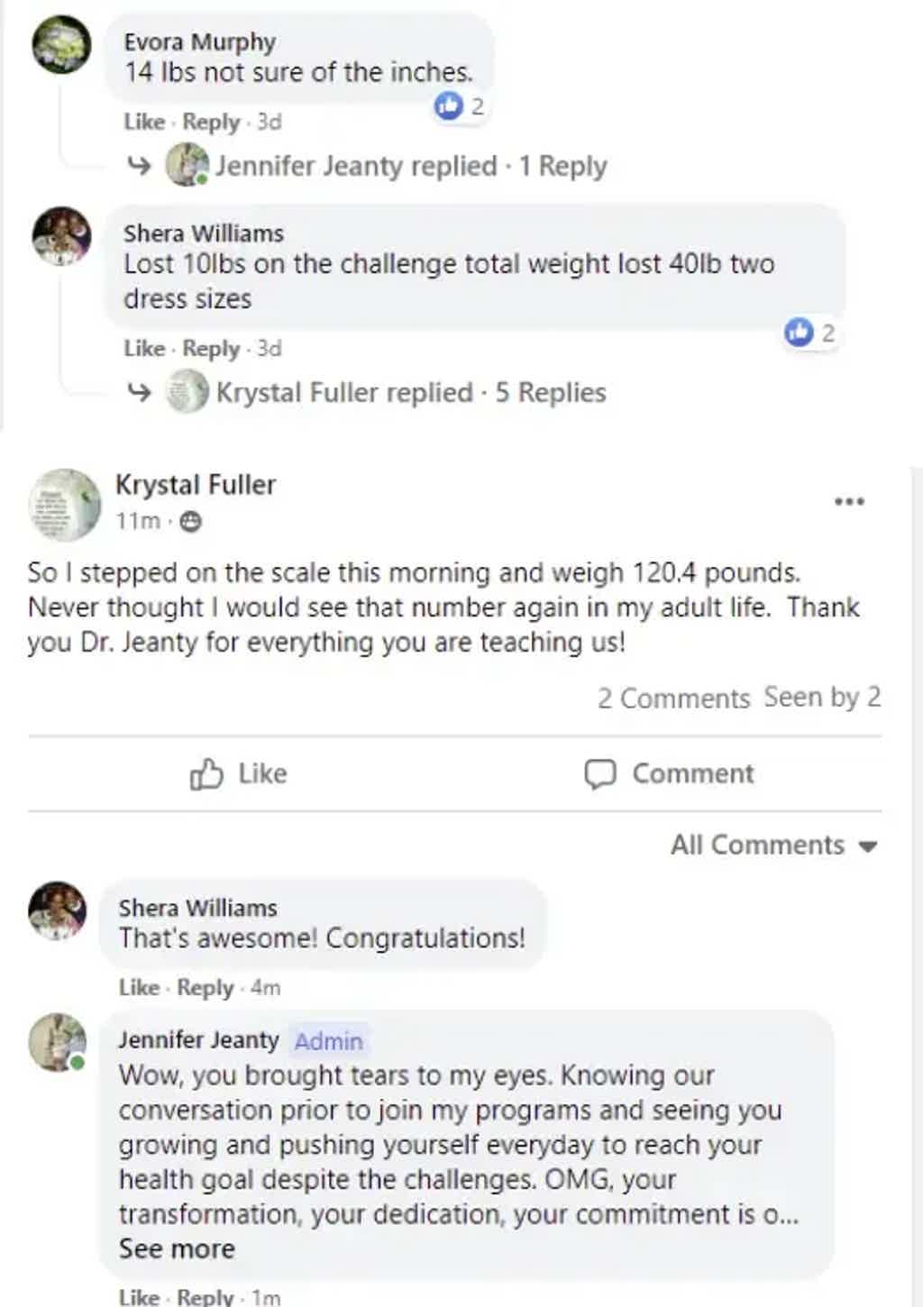 Facebook post screenshot showing comments about weight loss progress, with responses and a congratulatory message.