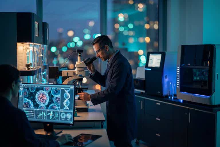 Scientist in lab coats using a microscope while monitors display DNA and medical data, with blurred city lights outside.