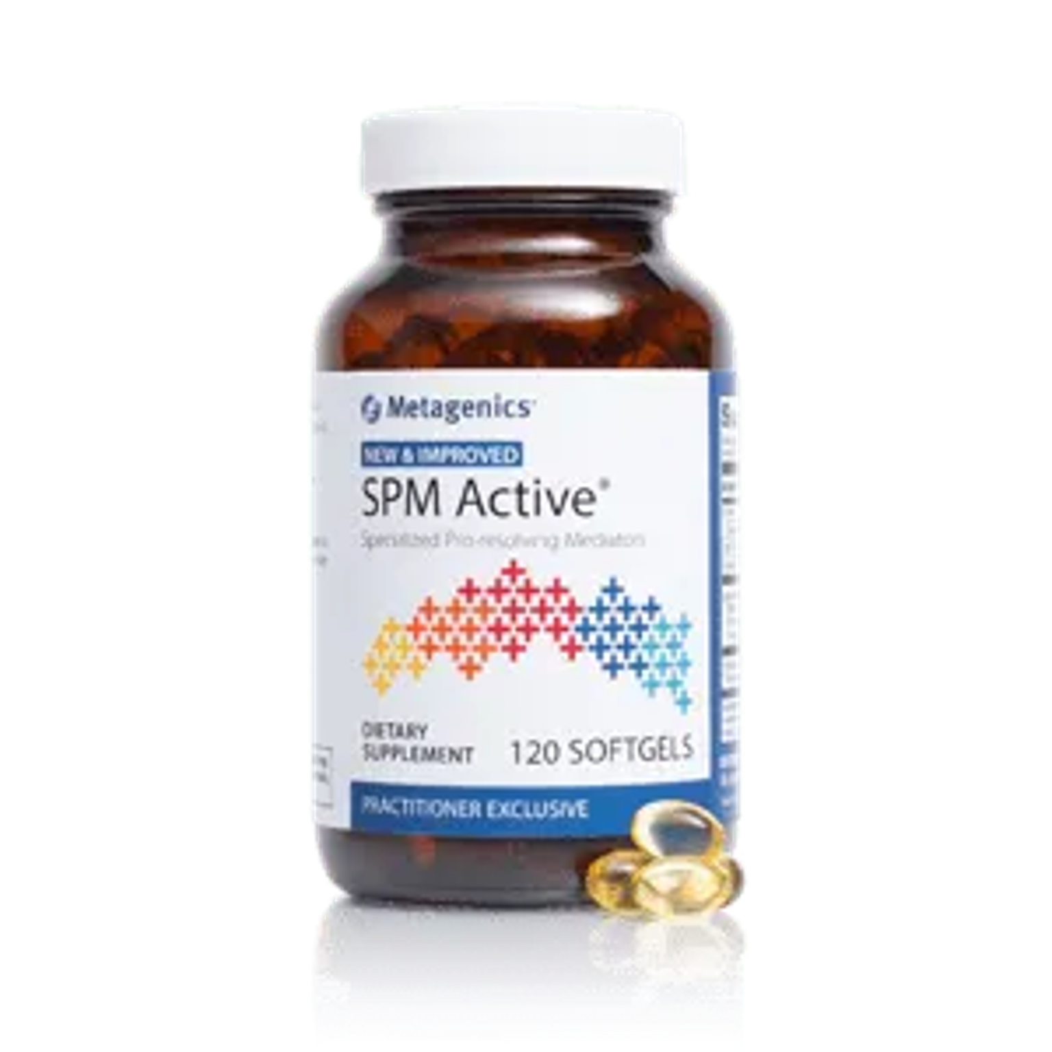 Metagenics SPM Active dietary supplement bottle with label reading “120 Softgels,” shown front view.